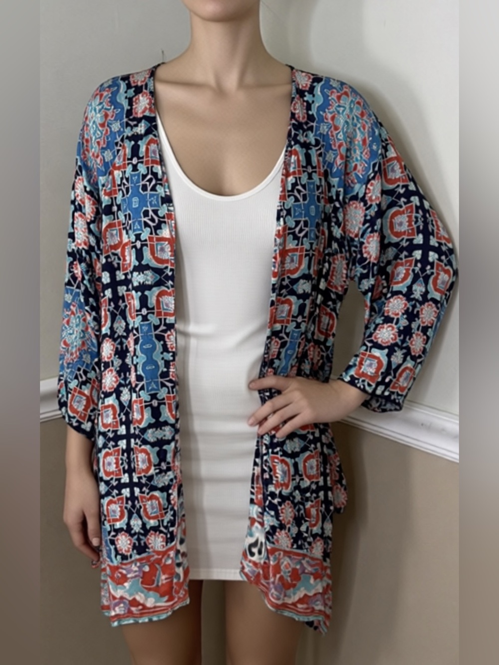 Tolani Collection Multicolor Tile-Print Top - Navy, Red & Teal